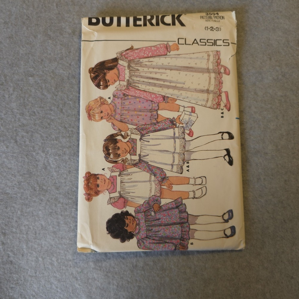 UNCUT Butterick 3554 Toddler Dress & Pinafore Pattern 1-3 Vintage Classics